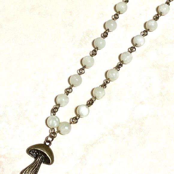 Natural Pale Green Serpentine Necklace, Bronze Slim Mushroom + Genuine Gemstone - Picture 6 of 14